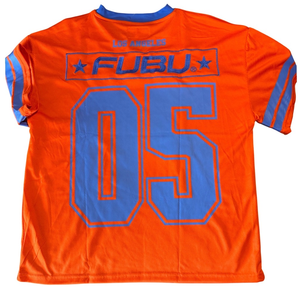 FUBU Jersey Mens Large Mesh Los Angeles 05 Orange Blue V-Neck Streetwear Y2K NEW